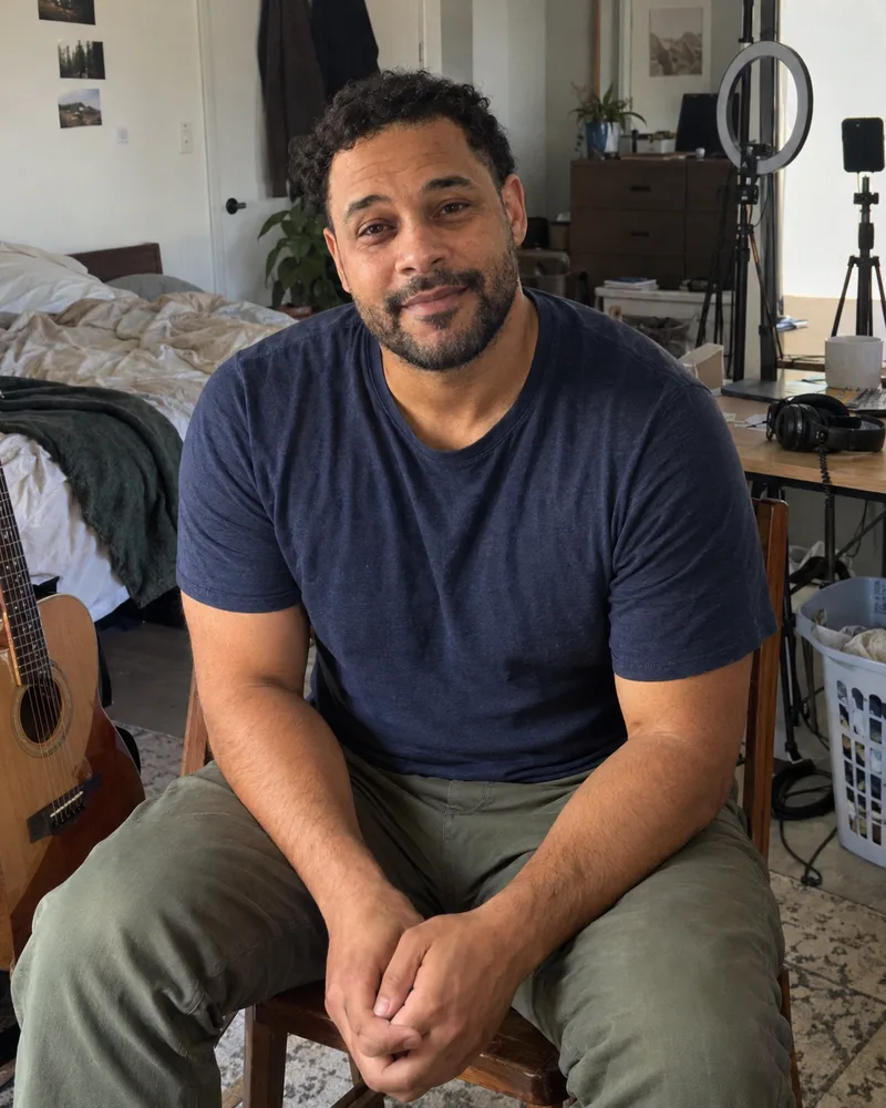 Jordan in a navy T-shirt beside his acoustic guitar, with a bedroom recording setup behind him.