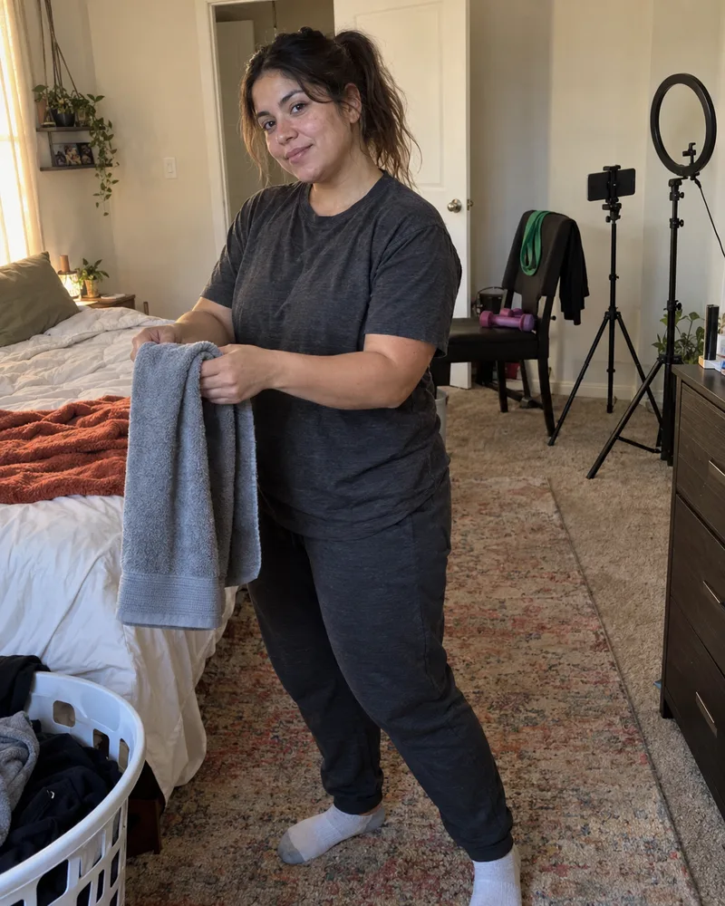 Lena folding a workout towel in her lived-in bedroom, beside a ring light and phone tripod.