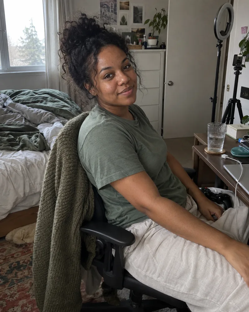 Maya in a green T-shirt at her bedroom desk, with a controller, ring light and phone tripod.