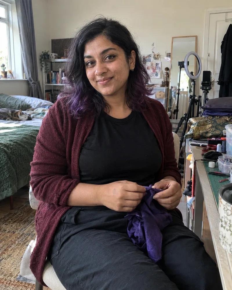 Priya with purple-tipped hair and a burgundy cardigan, holding fabric in her bedroom workspace.