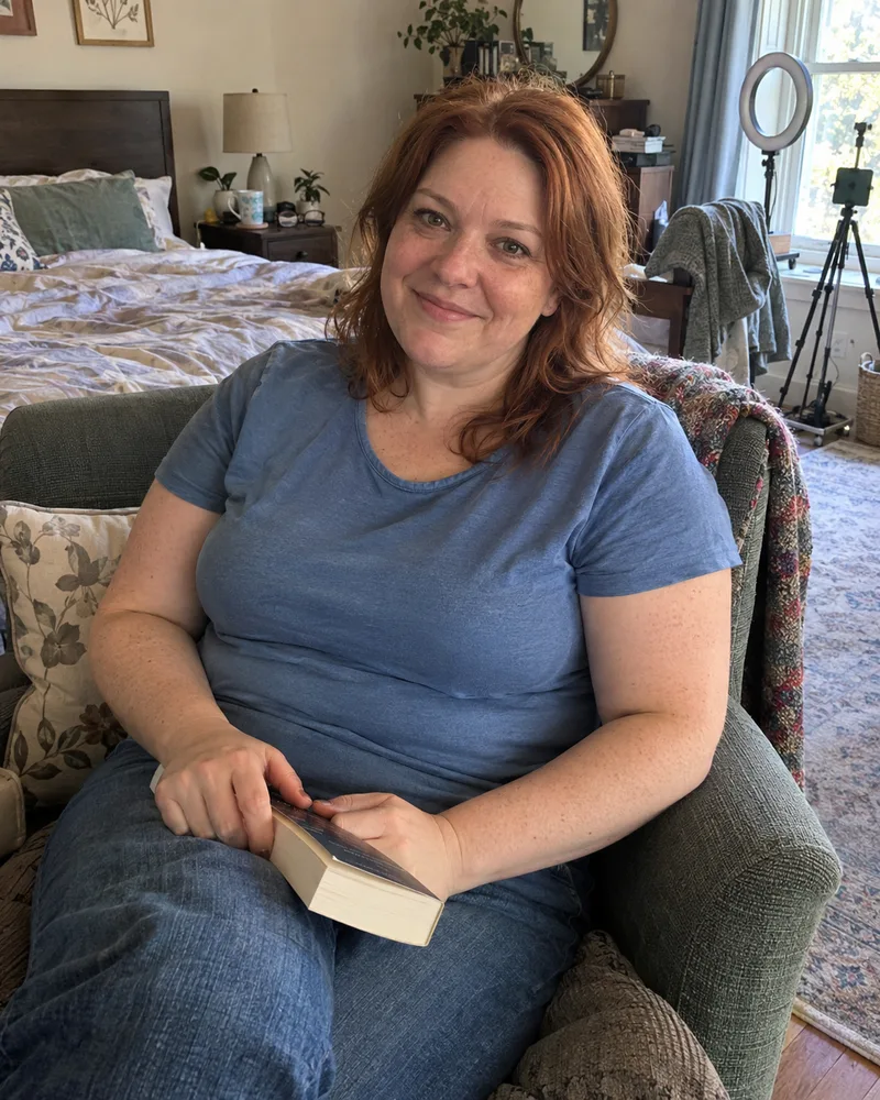 Rachel in a blue cotton top with a book on her lap, seated in a bedroom with filming equipment.