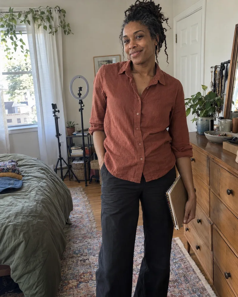 Simone holding a sketchbook in a rust-colored blouse, with thrifted clothes and a phone tripod in her bedroom.